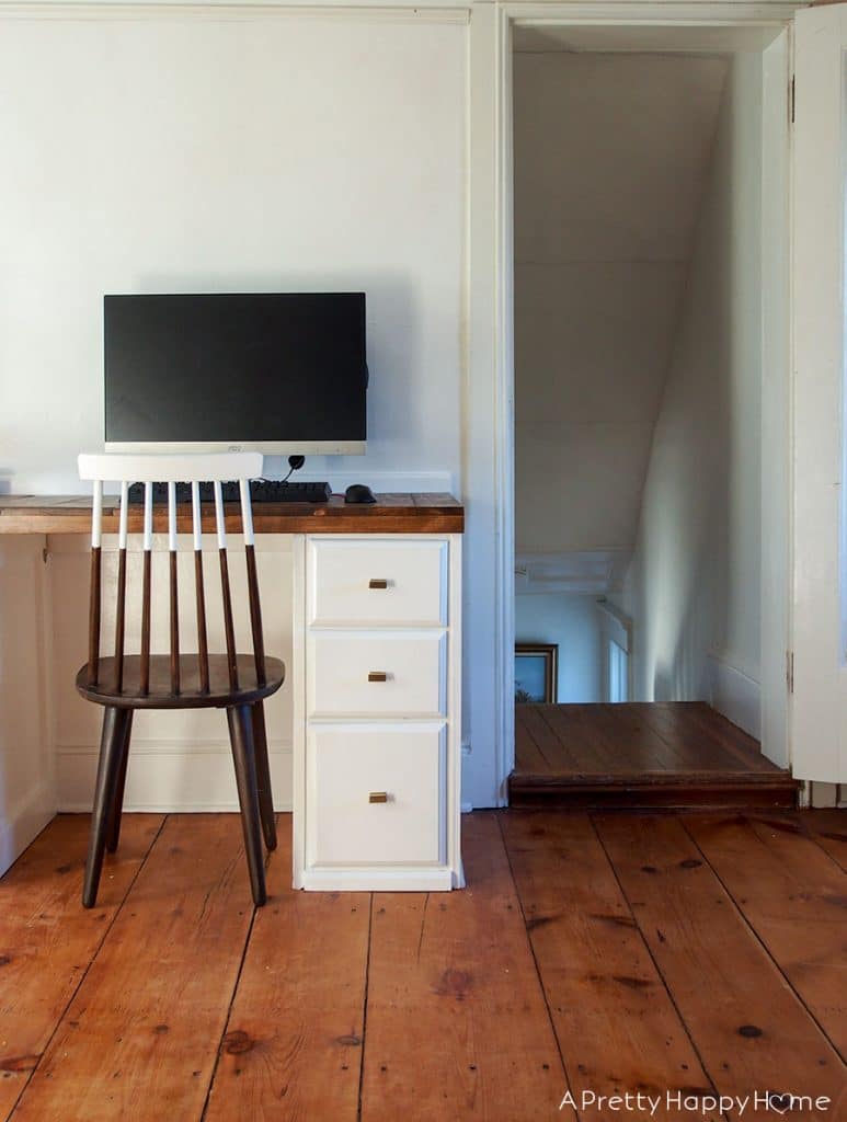 built in desk with original pumpkin pine wood floors shellac on old floors