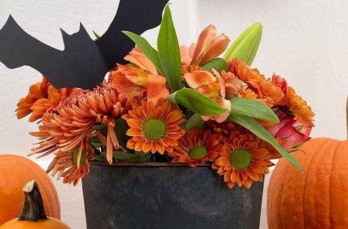 halloween centerpiece in a cauldron