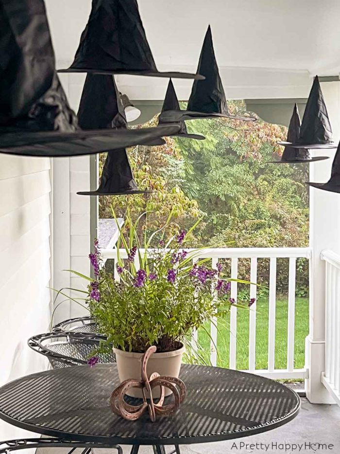 halloween front porch floating witches hats