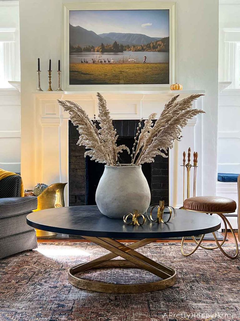 Enjoying The Last Bit of Autumn fall themed living room with pampas grass centerpiece the coffee table