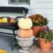 fall front porch with pumpkin topiary on the happy list