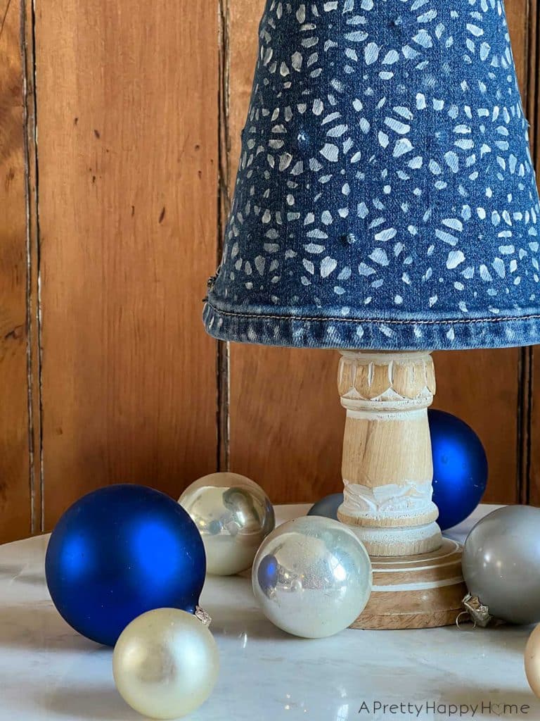 denim christmas tree made with old jeans and paint on the happy list