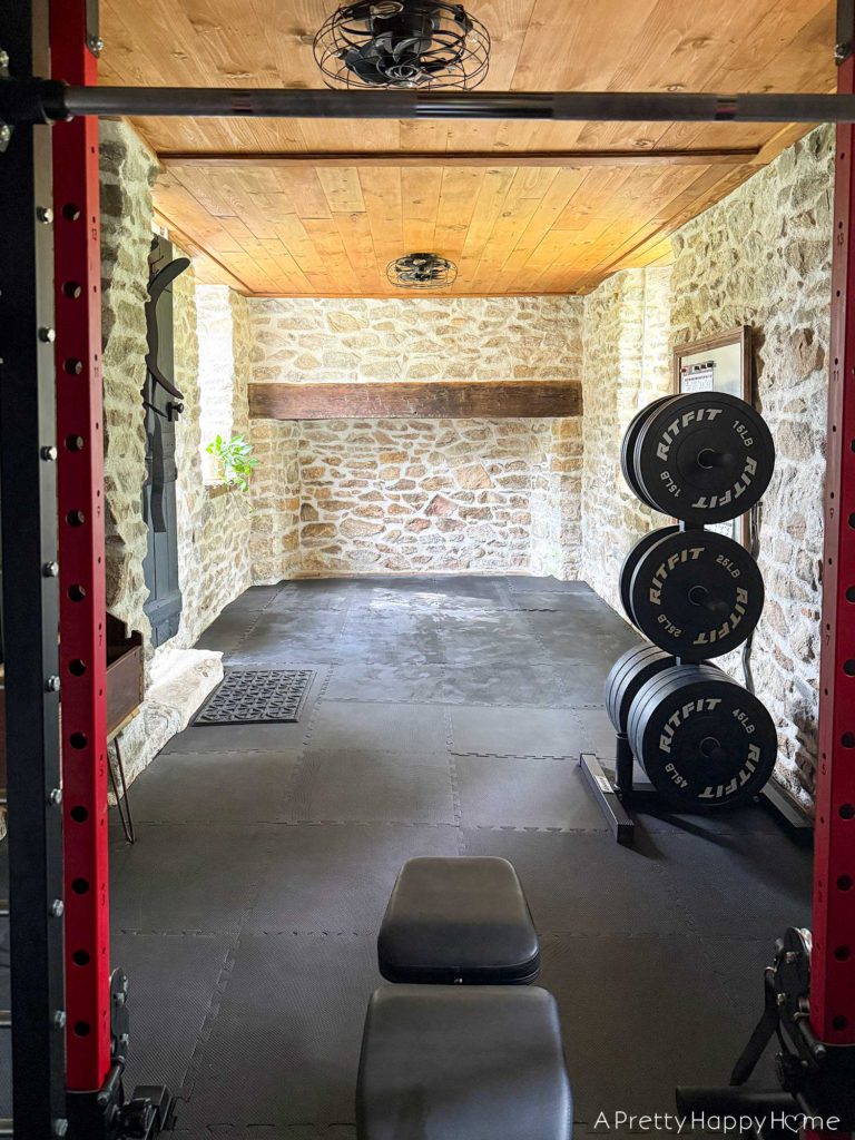 Home gym with fieldstone walls, wood ceiling, and black cushioned floor. There is a red and silver RitFit branded Smith machine in the foreground with a weight rack with free weights in the background. Hanging on the wall is a bulletin board with posters showing weightlifting exercises. On the back wall is an old fireplace with a rustic wood mantel.