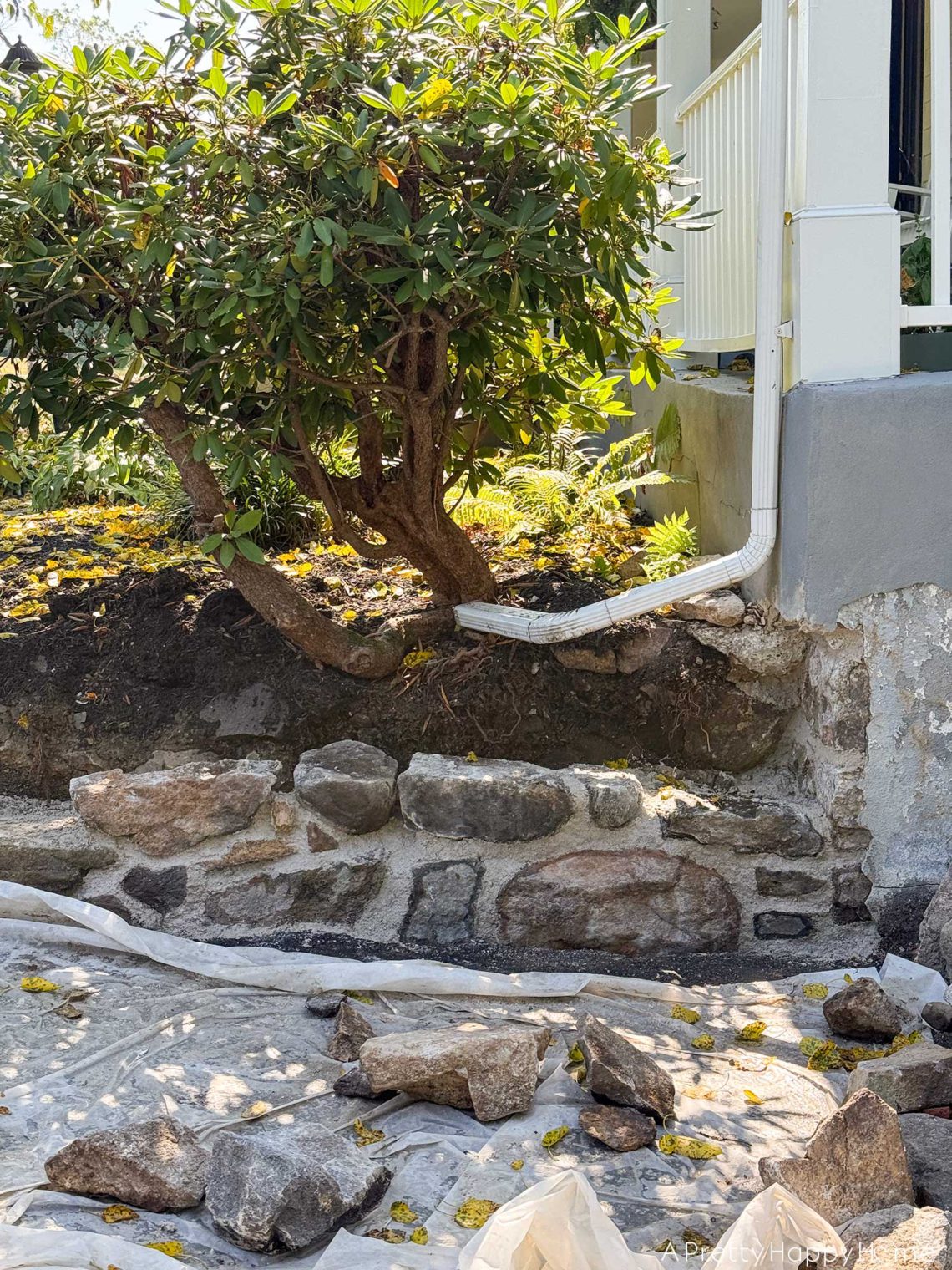 diy curved fieldstone wall with lime mortar and natural fieldstone in progress