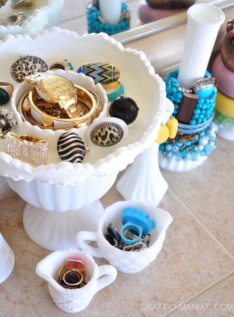 milk glass jewelry organization from craft o maniac on the happy list