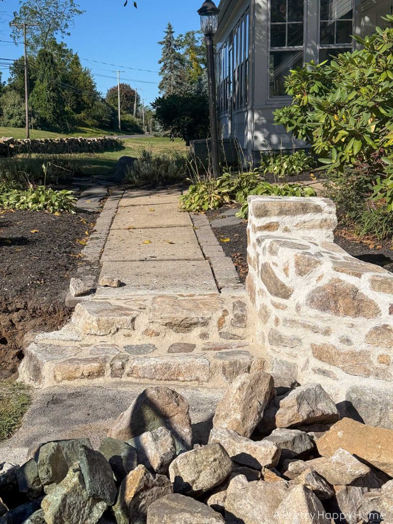 BEFORE Curved Fieldstone Wall: Part 7, The Stairs building fieldstone stairs using lime mortar and historical masonry techniques