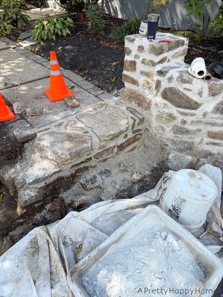 BEFORE Curved Fieldstone Wall: Part 7, The Stairs building fieldstone stairs using lime mortar and historical masonry techniques