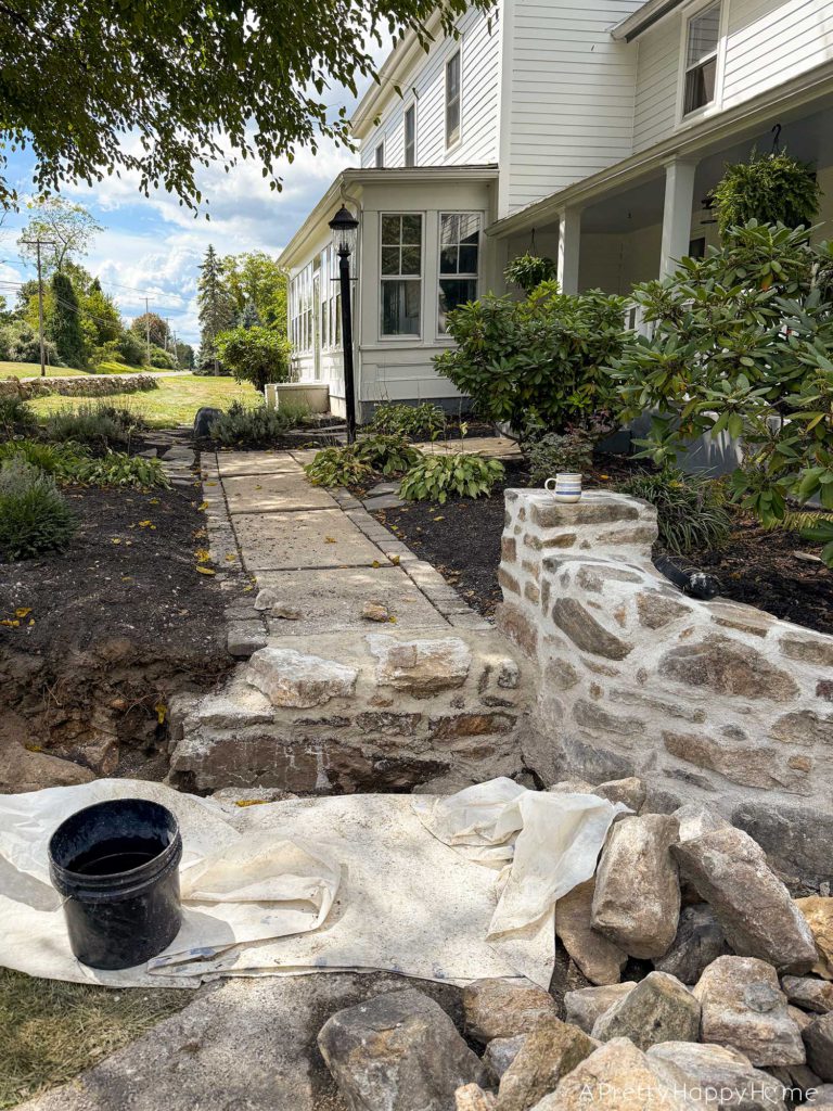 BEFORE Curved Fieldstone Wall: Part 7, The Stairs building fieldstone stairs using lime mortar and historical masonry techniques