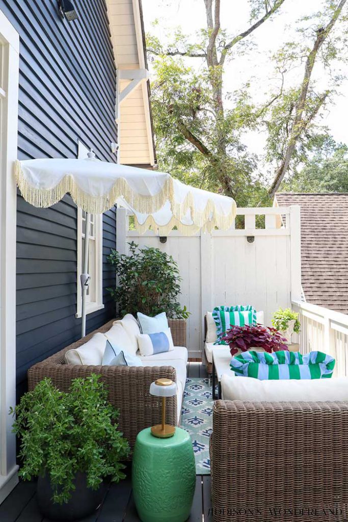 half umbrella decorating a back porch from addison's wonderland on the happy list