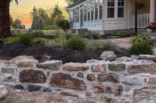 Curved Fieldstone Wall under construction using historical masonry technique and lime mortar in front of an old farmhouse