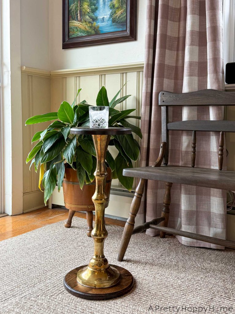 DIY Upcycled Wood and Brass Plant Stand from a lamp base