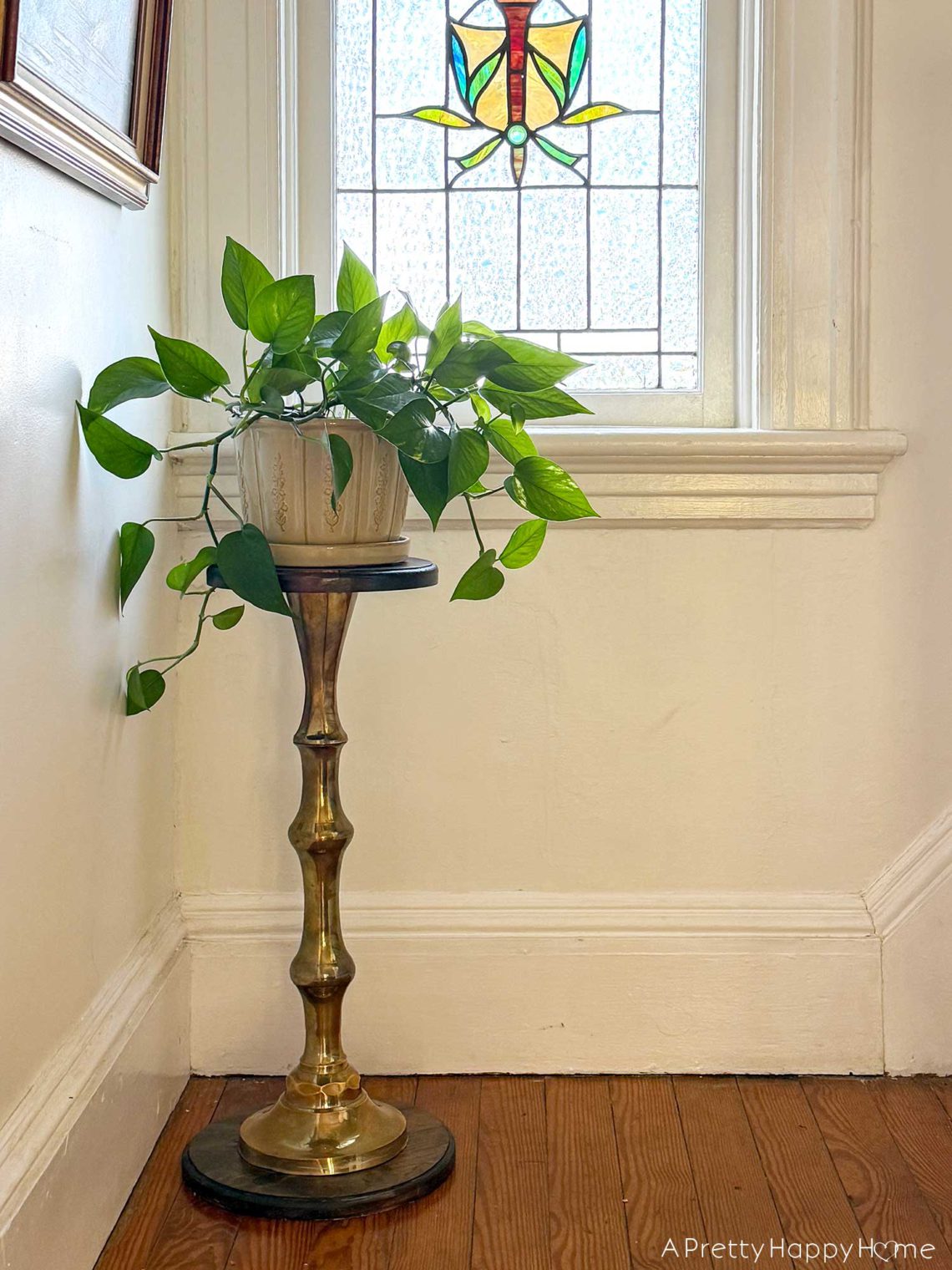 diy brass and wood plant stand up cycled from a lamp base