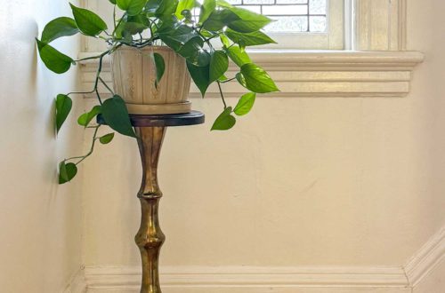 diy brass and wood plant stand up cycled from a lamp base