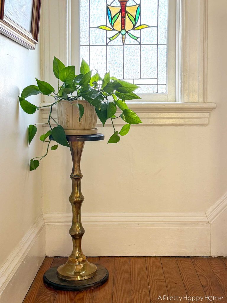 diy brass and wood plant stand up cycled from a lamp base