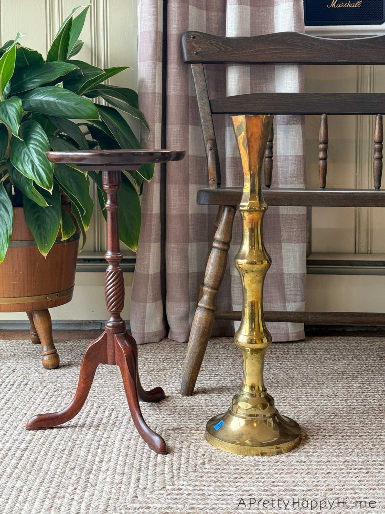 DIY Upcycled Wood and Brass Plant Stand from a lamp base