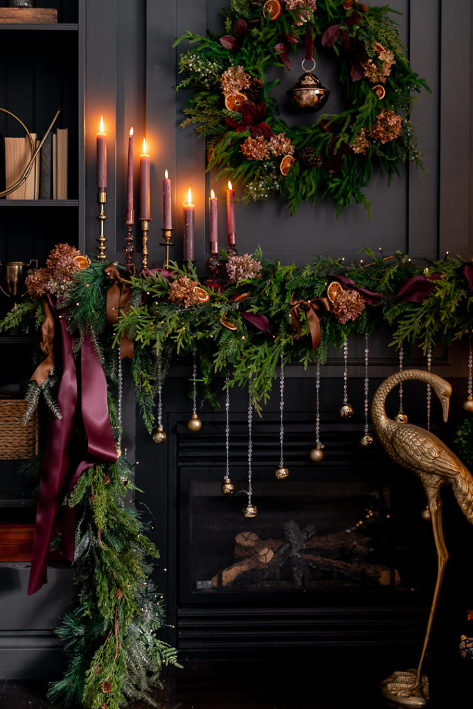 burgundy Christmas mantel from craft berry bush on the happy list