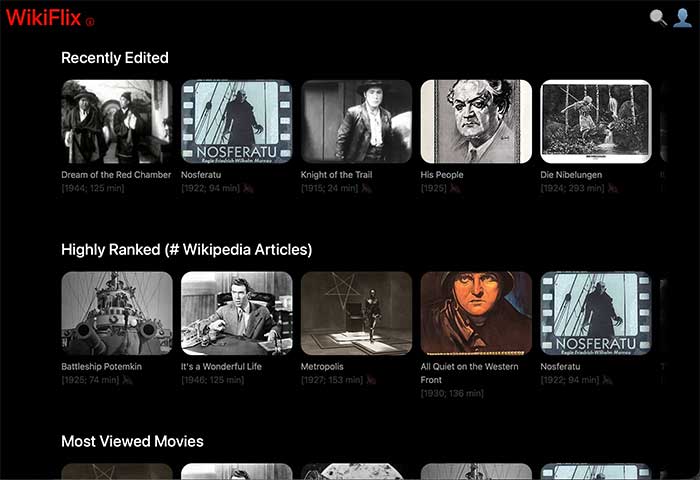 screenshot of wikiflix homepage that looks a bit like a netflix set up that lets you watch movies in the public domain featured on the happy list