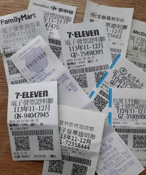 image of a variety of receipts from places like 7-Eleven in taiwan that demonstrates the country's receipt lottery that encourages tax compliance via Pablo Musumeci and shown here on the happy list