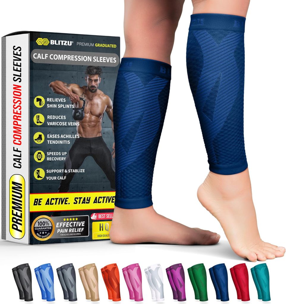 calf compression sleeves from blitzu via amazon shows calf sleeves on a woman with a variety of color options below her feet featured on the happy list