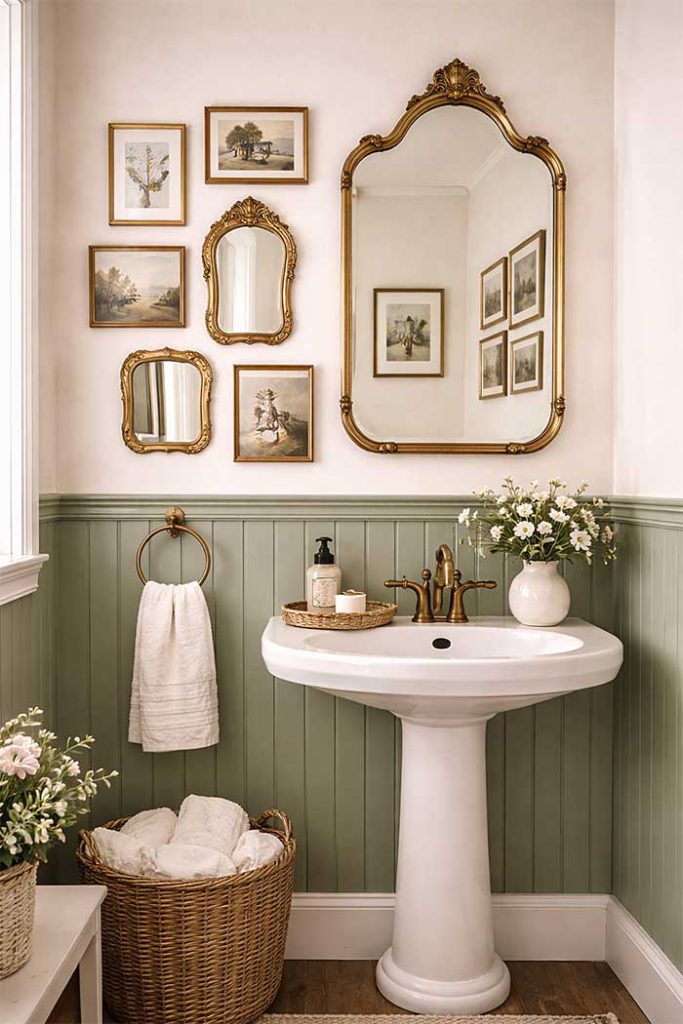gallery wall of vintage prints and mirrors in a bathroom with green wainscoting and a white pedestal sink. There's a vase of daisies on the sink. A white towel hangs on a ring to the left of the sink. Photo credit unknown but found at town n country living and shown here on the happy list