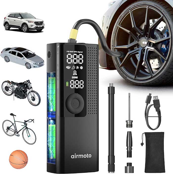 picture of airmoto cordless rechargeable tire pump for cars, suvs, bikes, and balls. Sold through amazon and featured here on the happy list.