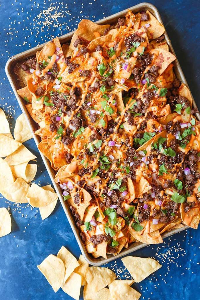 sheet pan of korean beef nachos from damn delicious. featured on the happy list.