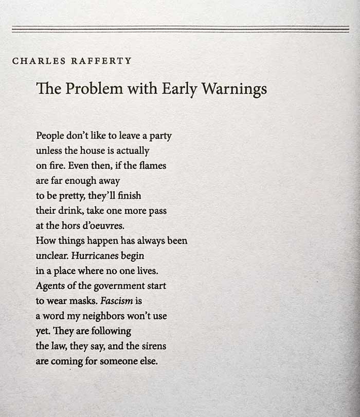 text of charles rafferty's poem the problem with early warnings