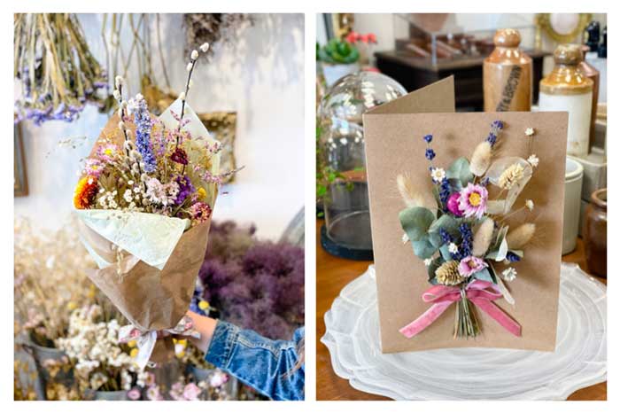 bouquet of dried flowers on a brown paper card by the flower studio by heidi baker