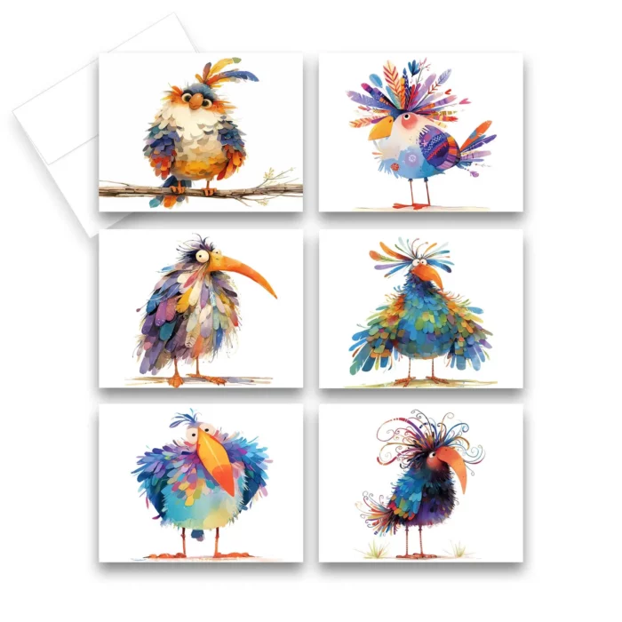 group of six watercolor greeting cards featuring funny, colorful looking birds by etsy shop ariaraedesign
