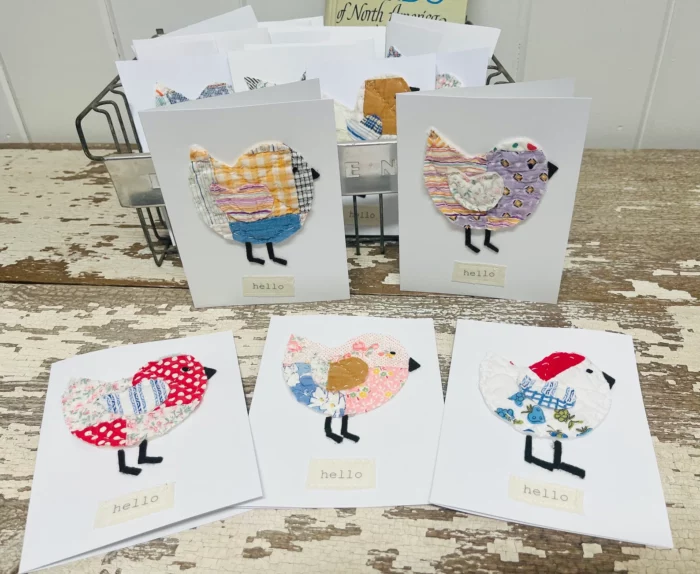 quilted greeting cards with a bird on the front and underneath it says hello by etsy shop jennypennymercantile