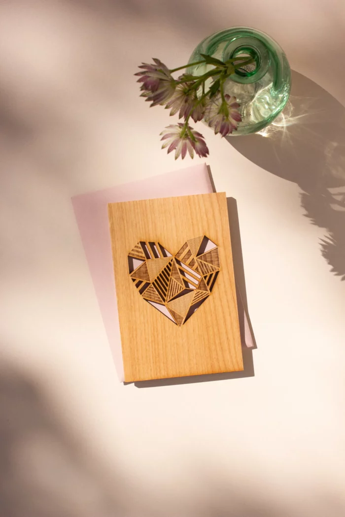 laser engraved wood greeting card with heart cutout by etsy shop HereAfterLA