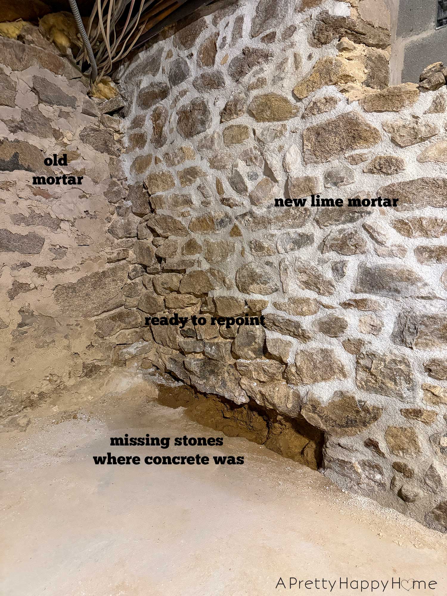 stone foundation wall in a basement in the process of being repointed with lime mortar using natural hydraulic lime