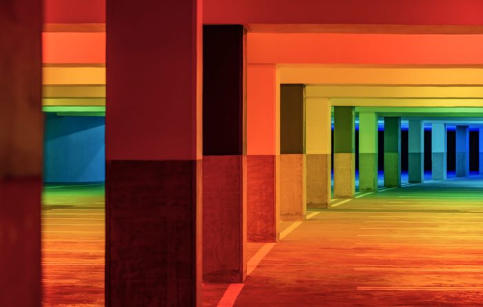 Rainbow colors displayed in a parking garage in England. Part of an art installation by Liz West called One Colour and featured at This is Colossal.