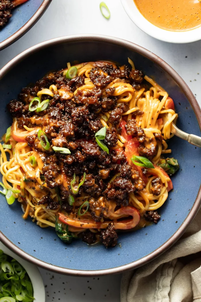 caramelized ground beef and peanut noodles recipe from pinch of yum