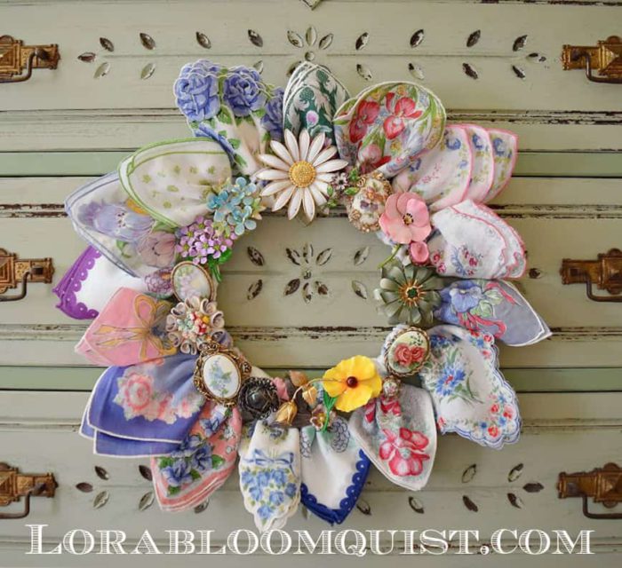 diy vintage hankerchief wreath with color broaches made by lora bloomquist