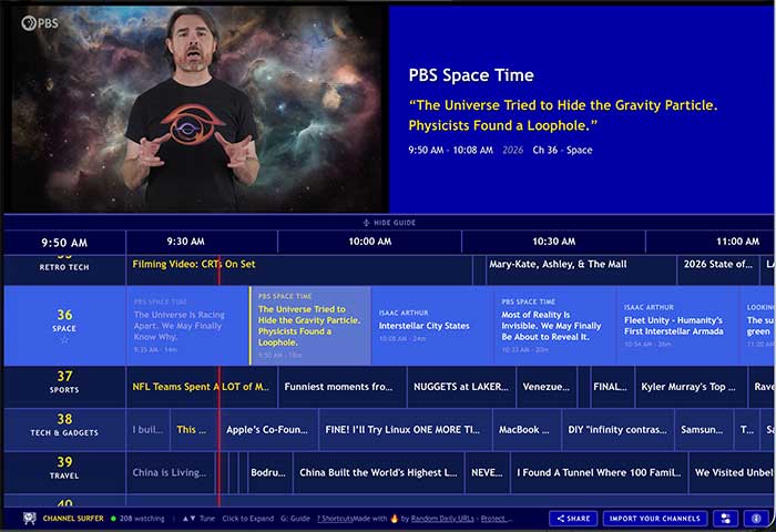 ChannelSurfer.tv is a retro tv guide that lets you surf and watch YouTube channels just like cable tv