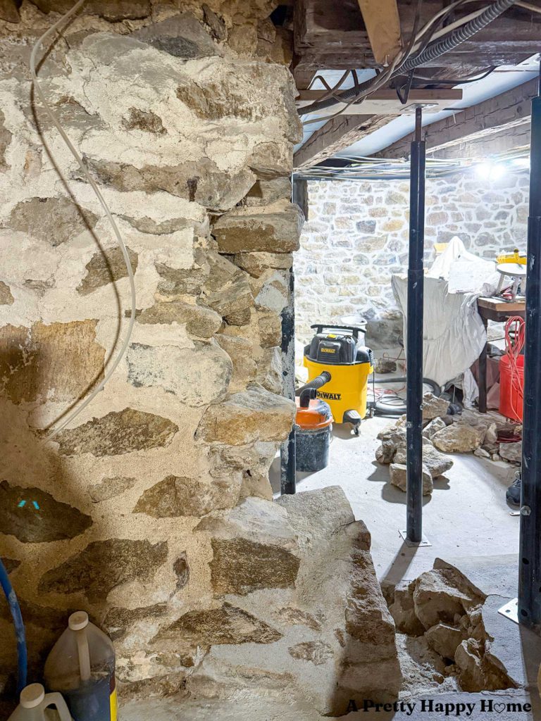 Part of a stone foundation in a 1780s home that is being rebuilt