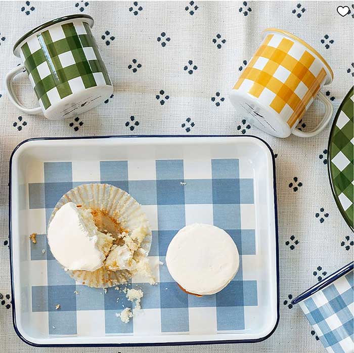 blue gingham tray with green, yellow, and blue gingham cups from west elm
