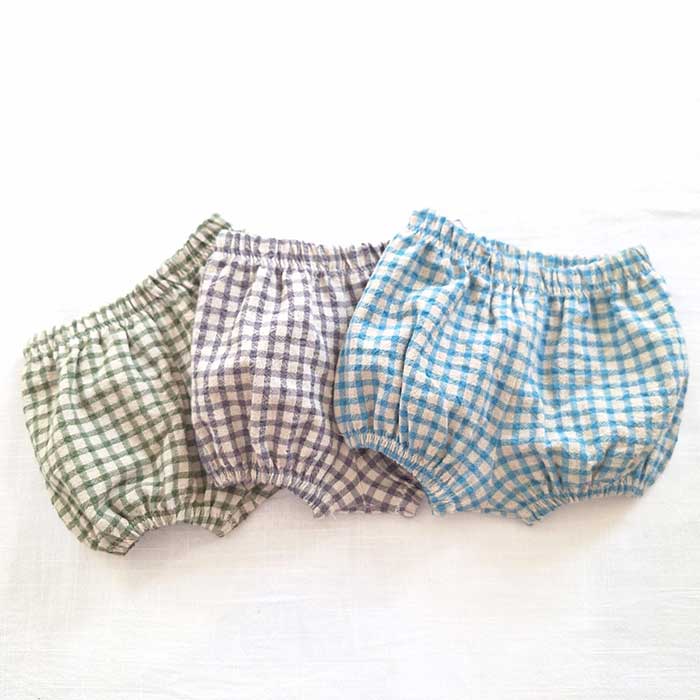 set of three gingham baby bloomers in green pink and blue