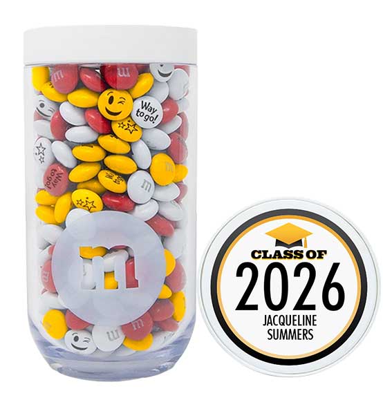 red, yellow, and white personalized M&Ms in a glass jar with a logo celebrating the class of 2026 for graduation