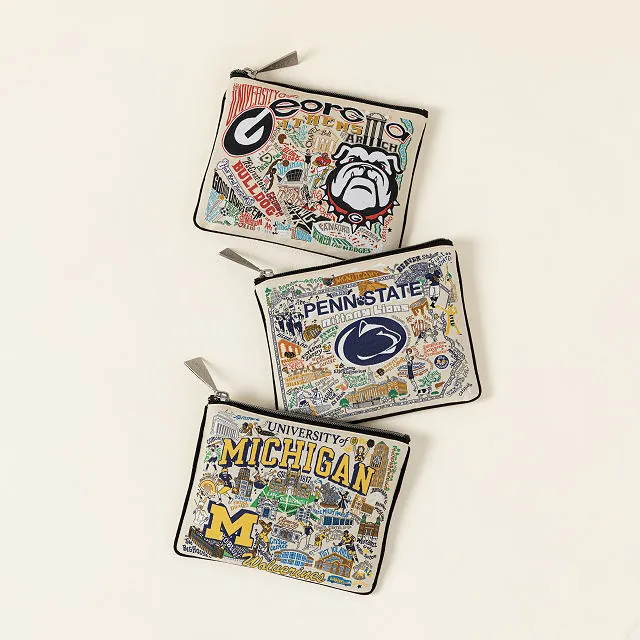 three pouches for makeup or keys that are themed for colleges