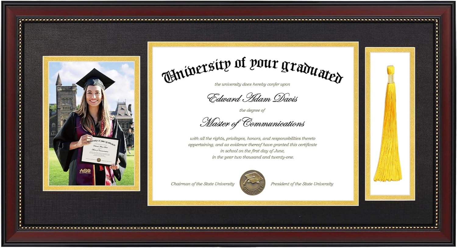 diploma frame showing room for a 5x7 photo, an 8.5x11 diploma, and a tassel