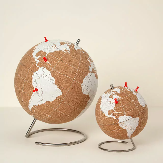 cork globe where the oceans are in brown cork and the continents are painted white cork. You can pin your travels on the globe.