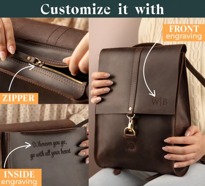 woman holding a leather backpack that has been customized with initials and an engraving for a graduation gift