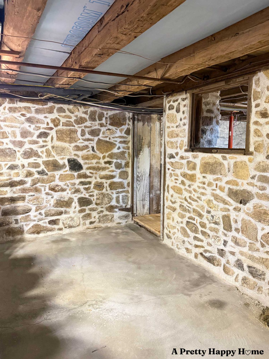 Newly repointed stone walls in a 1780s home with a stone foundation using lime mortar mixed with natural hydraulic lime