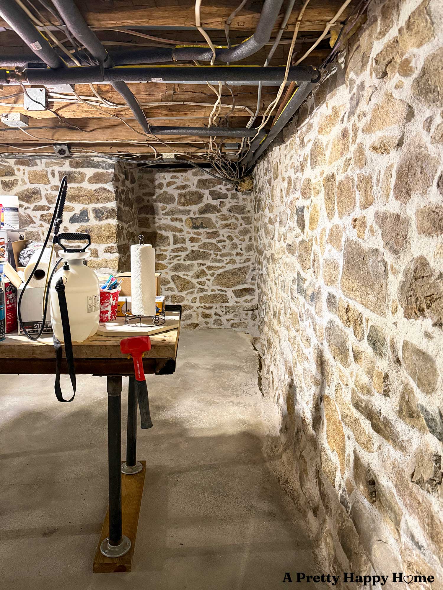 Newly repointed stone walls in a 1780s home with a stone foundation using lime mortar mixed with natural hydraulic lime