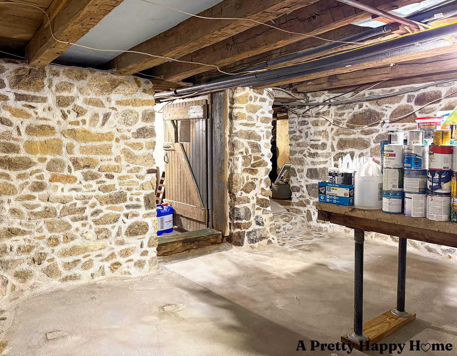 Newly repointed stone walls in a 1780s home with a stone foundation using lime mortar mixed with natural hydraulic lime