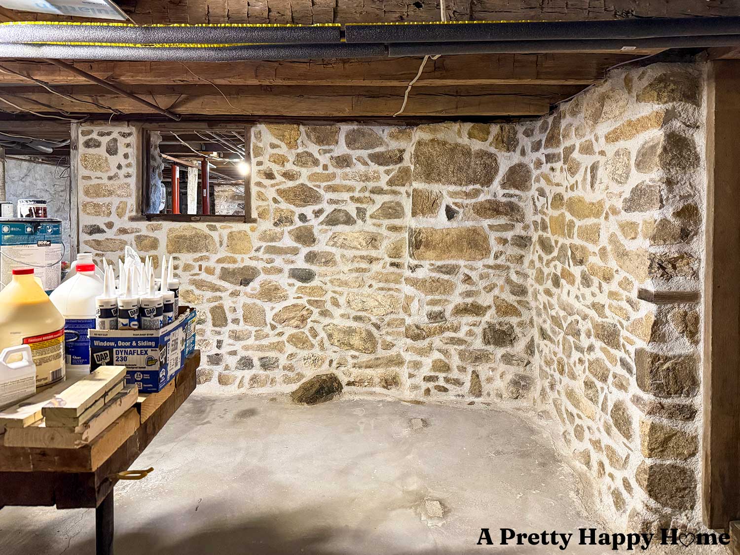 Newly repointed stone walls in a 1780s home with a stone foundation using lime mortar mixed with natural hydraulic lime