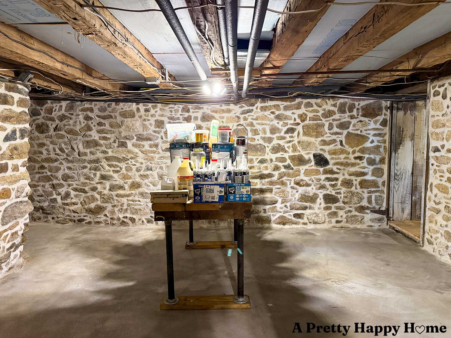 Newly repointed stone walls in a 1780s home with a stone foundation using lime mortar mixed with natural hydraulic lime