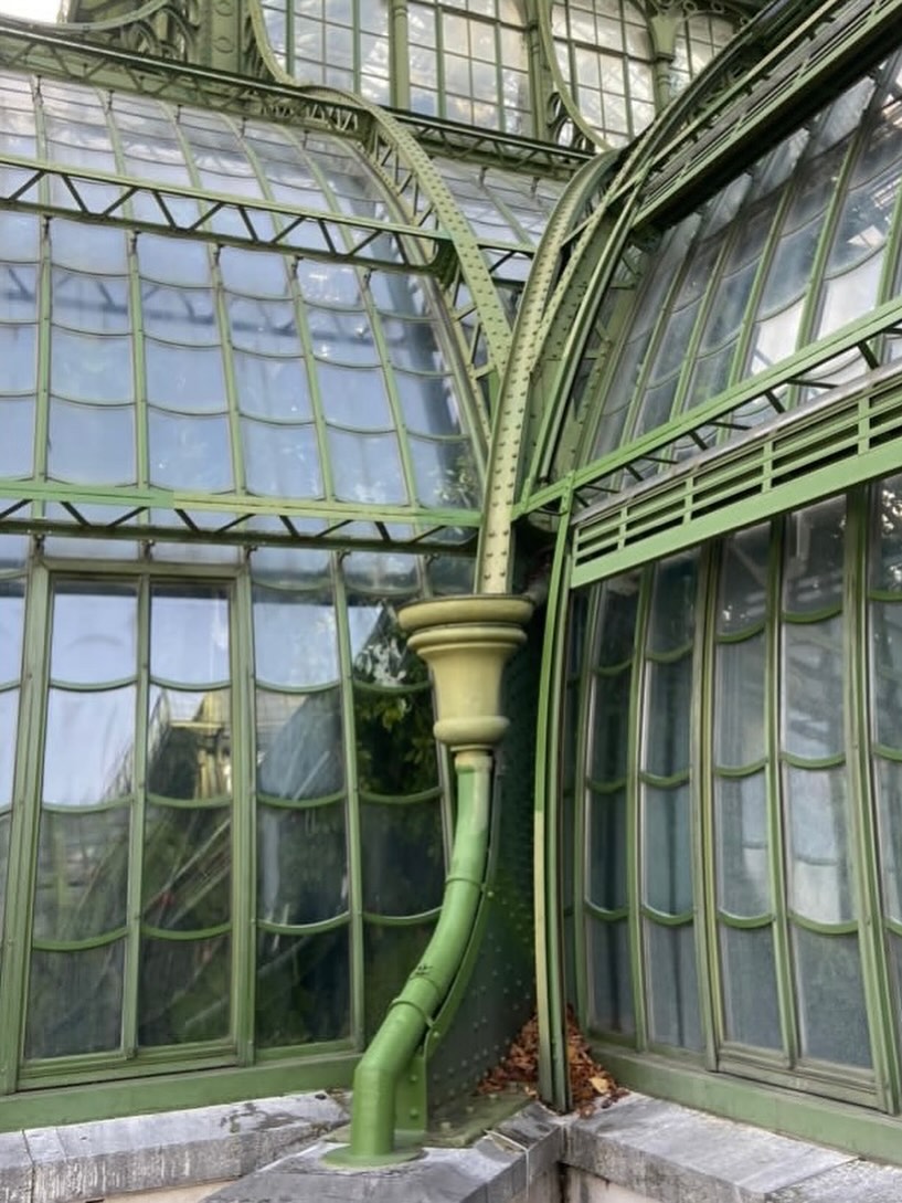 an ornate gutter in a green against glass windows from palm house in Austria